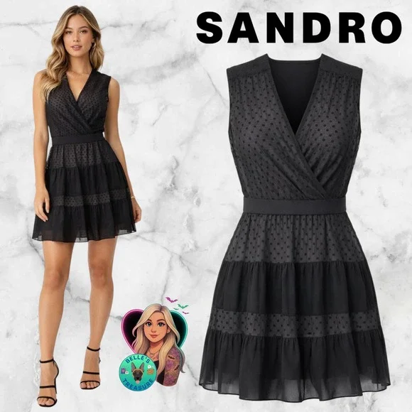 Sandro Paris Women's Small Black Swiss Dot Tiered Ruffle Dress Coquette Luxury - Picture 1 of 15